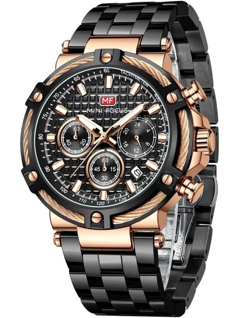 Men's Black Stainless Steel Band Chronograph Waterproof Luminous Wrist Watch